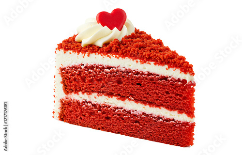 Decadent Red Velvet Cake Slice with Creamy Frosting and Heart Decoration on White Background photo