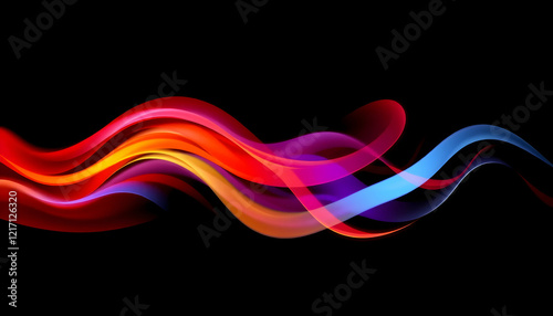 Abstract wave, vibrant colors, fluid motion, digital art, colorful ribbons, dynamic curves, flowing lines, rainbow spectrum, black background, sleek design, 3D rendering, energy flow, smooth gradient,