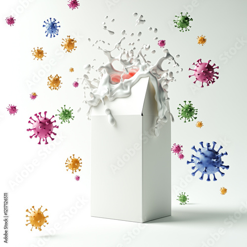 Spoiled Milk Carton with 3D Virus Icons Hovering Nearby