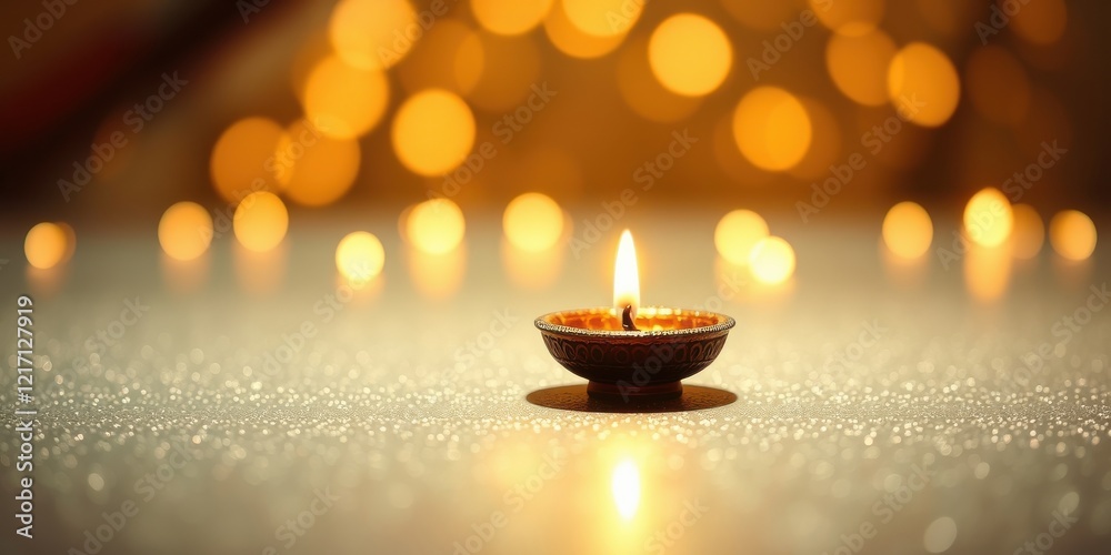 A single illuminated candle in a metallic dish sits on a sparkling surface, surrounded by soft, golden bokeh lights. A single illuminated candle in a metallic dish sits on a sparkling surface, surrounded by soft, golden bokeh lights.
