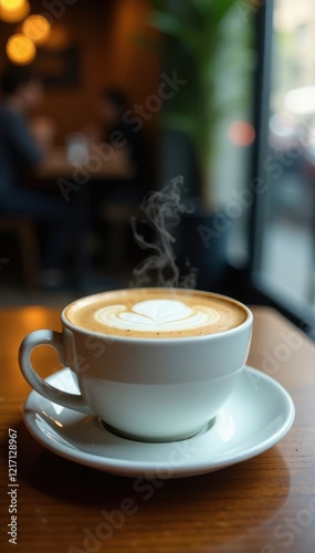 Wallpaper Mural Steaming cappuccino in ceramic cup, wooden cafe table , drink, cup Torontodigital.ca