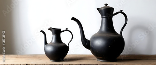 Elegant Black Metal Pitchers Vintage Style Rustic Decor Home Tabletop Still Life Photography Dark Antique Pottery Design Objects jug old art chic room photo