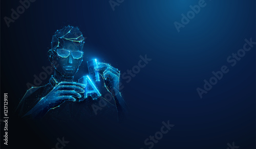 Abstract illustration of low poly engineer putting together AI. Blue geometric background depicting artificial intelligence innovation technology development concept by wireframe mesh