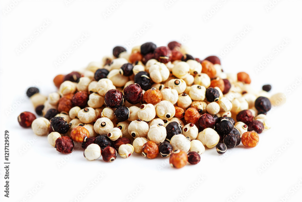 Small heap of uncooked quinoa grains in mixed white, red, and black varieties isolated on a bright white background Small heap of uncooked quinoa grains in mixed white, red, and black varieties isolated on a bright white background