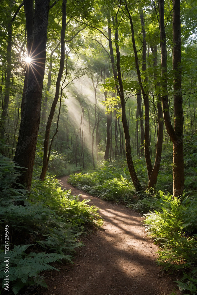 Obraz premium Winding path through a dense forest, dappled sunlight, vertical landscape