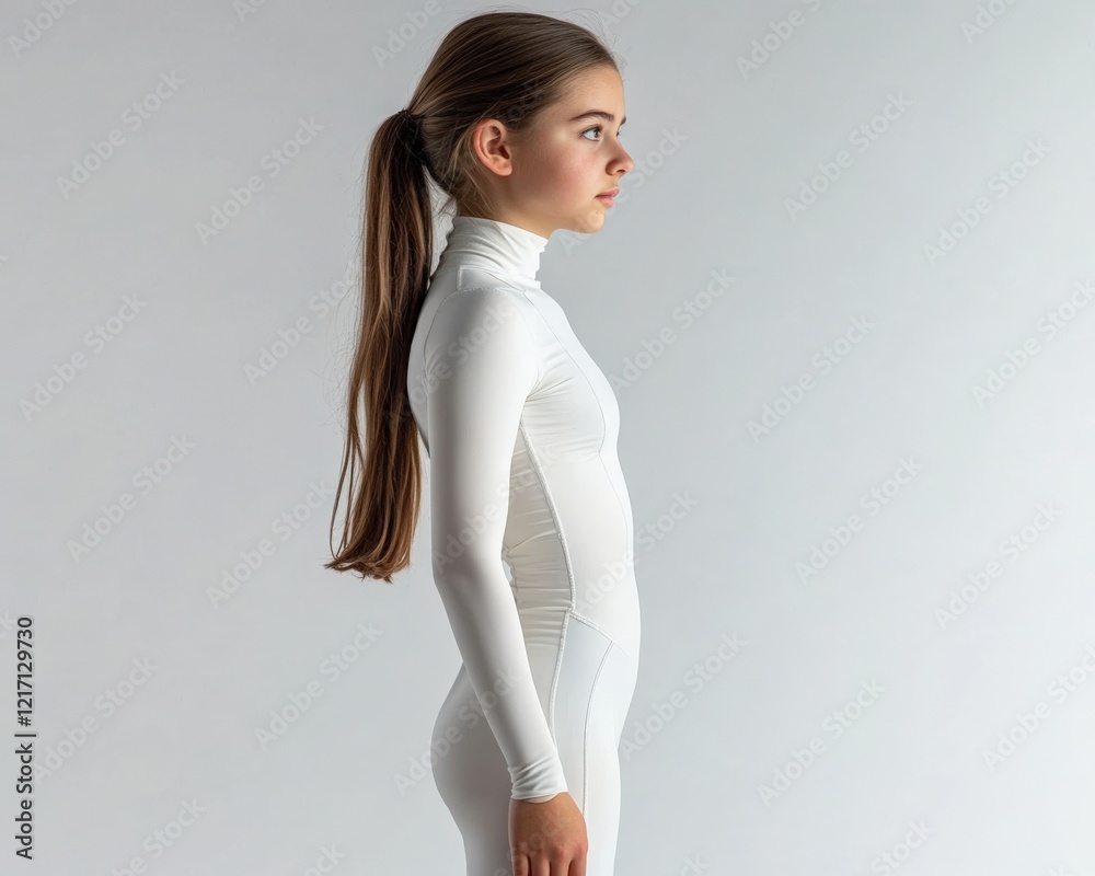 Spandex Overall. Cute Young Woman in Tight Jumpsuit on White Background Spandex Overall. Cute Young Woman in Tight Jumpsuit on White Background