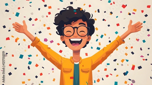 Cheerful community manager receiving virtual applause and confetti for engagement achievements, 8K flat vector style,