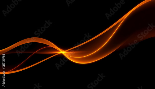 Abstract waves, orange and yellow light trails, black background, flowing energy, dynamic curves, glowing streaks, motion blur, digital art, minimalist design, futuristic, neon aesthetics, sleek lines