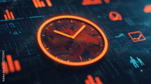 A digital clock overlaying a tech-themed background, showcasing data visualizations and icons in vibrant colors.