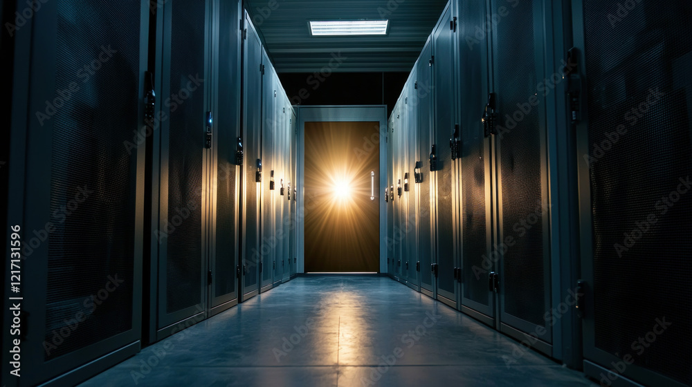 Fototapeta premium glowing light shines through door in dark server room, creating dramatic effect