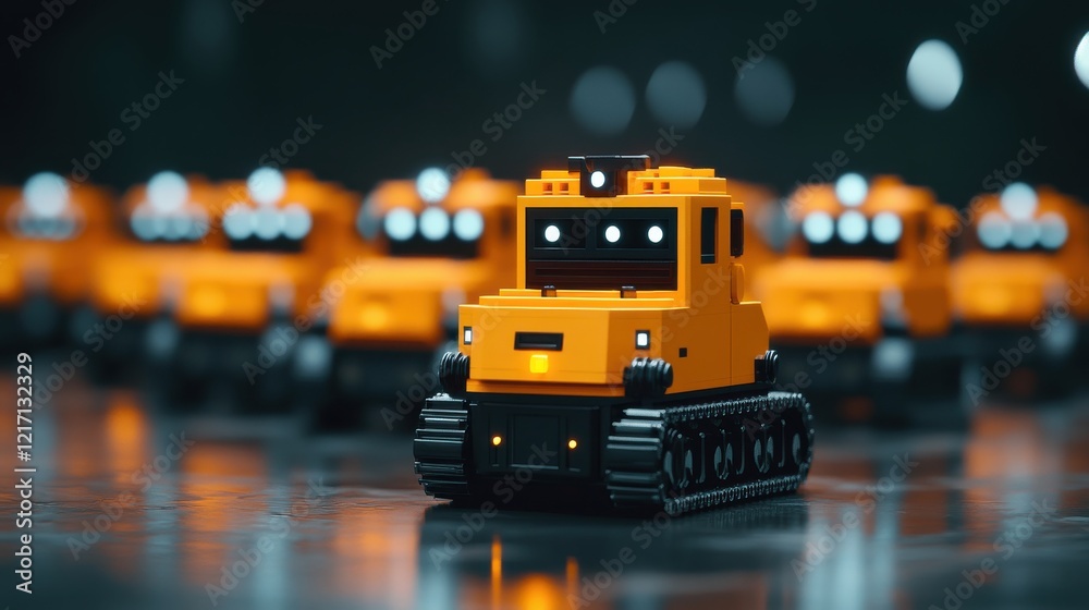 A vibrant scene featuring a row of orange robotic vehicles, showcasing their unique designs and functionality in a futuristic setting. A vibrant scene featuring a row of orange robotic vehicles, showcasing their unique designs and functionality in a futuristic setting.