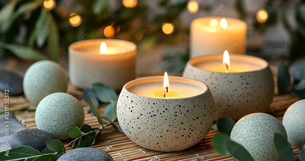 Burning candles and green plants create a cozy atmosphere.