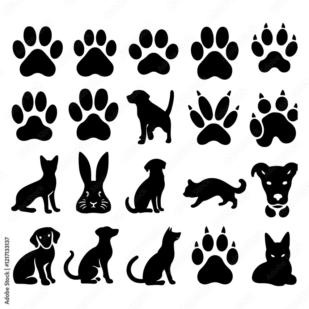 Vector silhouette of collection of animal paws on white background. Symbol of pets Vector silhouette of collection of animal paws on white background. Symbol of pets