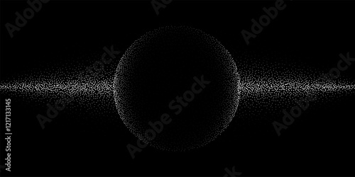 Abstract technology background. Silhouette of globe composed of white dots with gradient effect and horizontal line of flying particles isolated on black. Digital vector illustration.