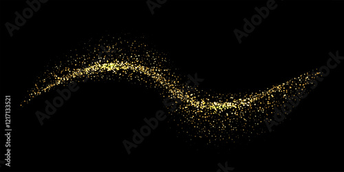 Magic glitter wave of golden shining particles of varying sizes isolated on black background. Swirl of gold sparkling magical dust particles. Festive luxury vector illustration.
