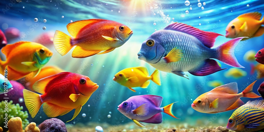 Naklejka premium Vibrant Tropical Fish Aquarium Scene with Copy Space for Design - Stock Photo