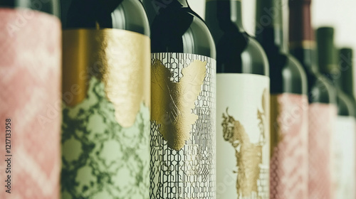 elegant modern wine bottles with gold foil and pastel labels featuring abstract and geometric designs in luxury packaging for boutique and high-end branding