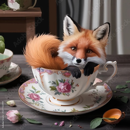 cute fox curled up inside a delicate teacup, showcasing whimsical art by Julia McCormick.