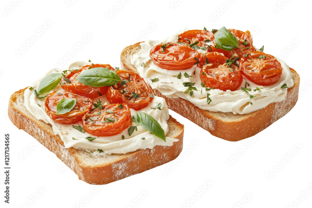 Isolated Two Bruschetta with Baked Tomatoes and Basil Isolated Two Bruschetta with Baked Tomatoes and Basil