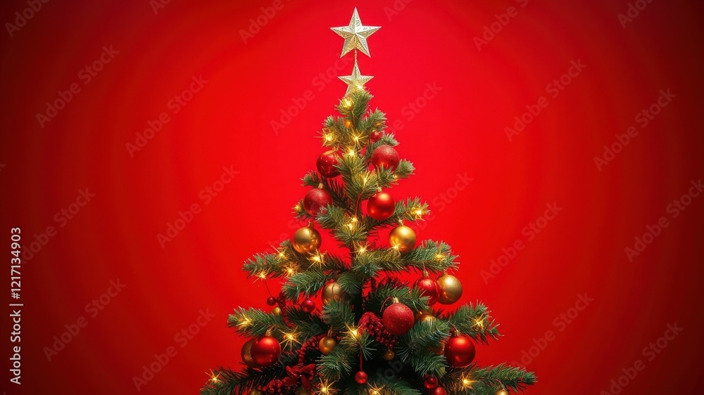 A Festive Christmas Tree Decorated with Red and Gold Ornaments Against a Vibrant Red Background A Festive Christmas Tree Decorated with Red and Gold Ornaments Against a Vibrant Red Background