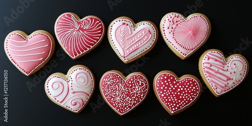 Elegant heart-shaped cookies with intricate icing details photo