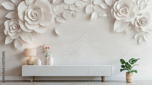 A remarkable white plaster relief piece with intricate depictions of roses and blossoms in an impressive design photo