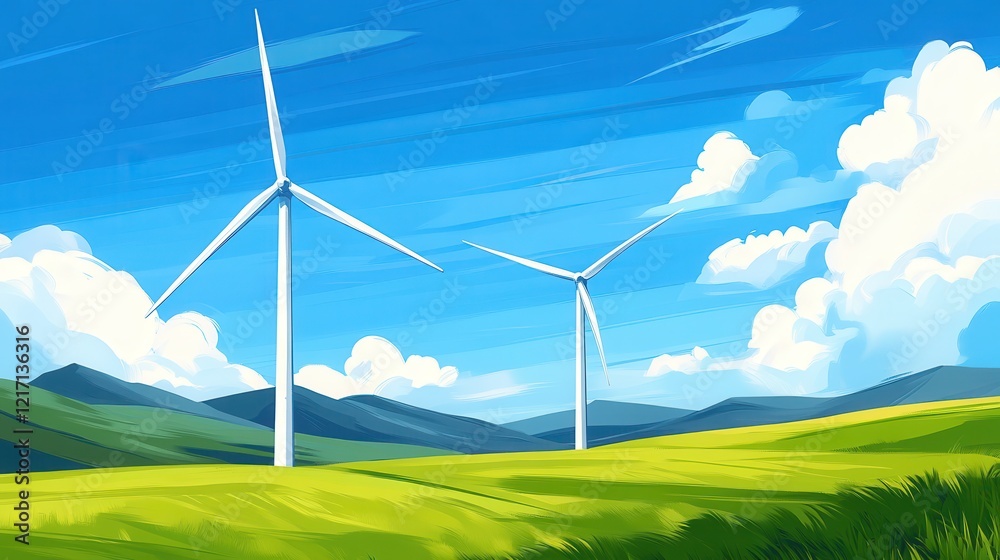 Fototapeta premium Two wind turbines stand in a vibrant green landscape under a bright blue sky, symbolizing renewable energy and sustainable living.