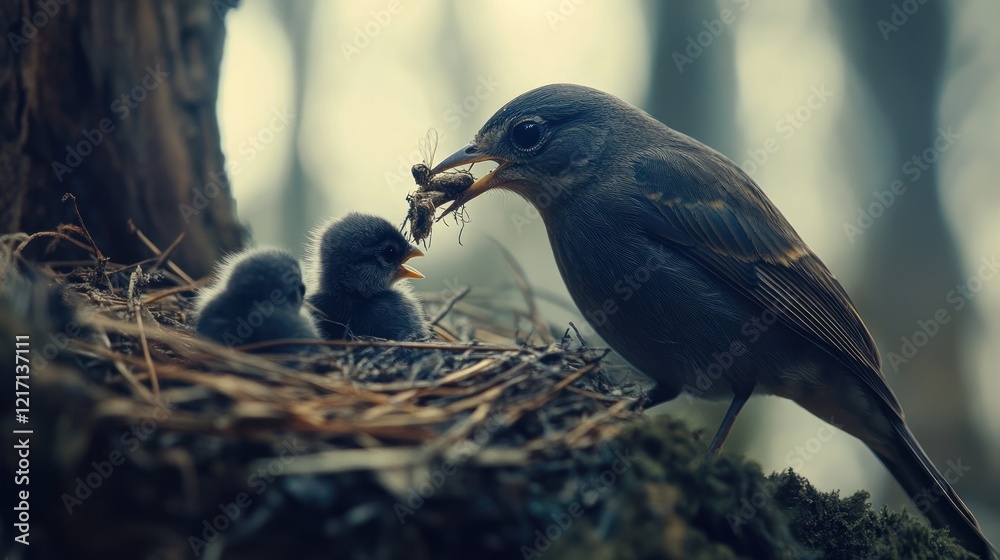 Obraz premium Bird feeding chicks in forest nest, nature background