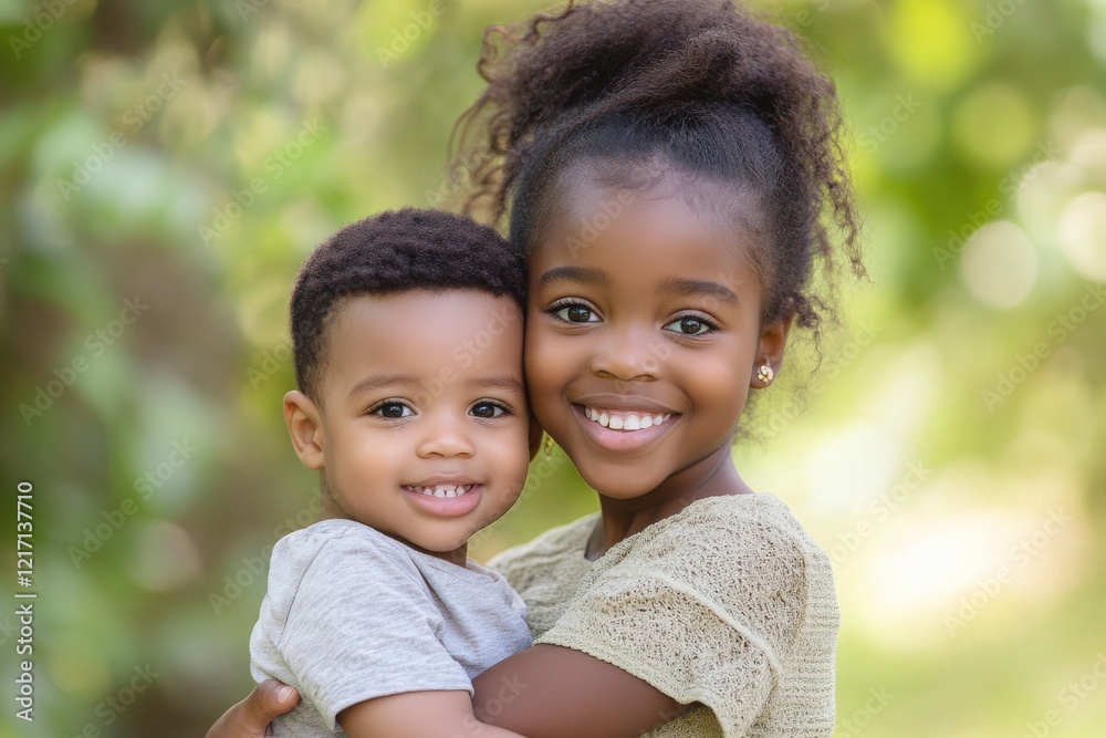 African Siblings. Affectionate Young Black Sister Carrying Cheerful Brother Outdoors African Siblings. Affectionate Young Black Sister Carrying Cheerful Brother Outdoors