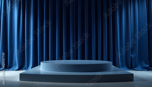 Elegant Blue Stage Podium with Velvet Curtains Background