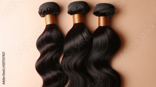 Three bundles of black body wave hair extensions.