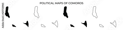 Several political maps illustrate the changing borders of Comoros islands. Each map highlights significant shifts in territory and governance during various periods.
