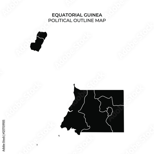 The map highlights the political outline of Equatorial Guinea, showcasing its mainland and island divisions in a clear black representation.