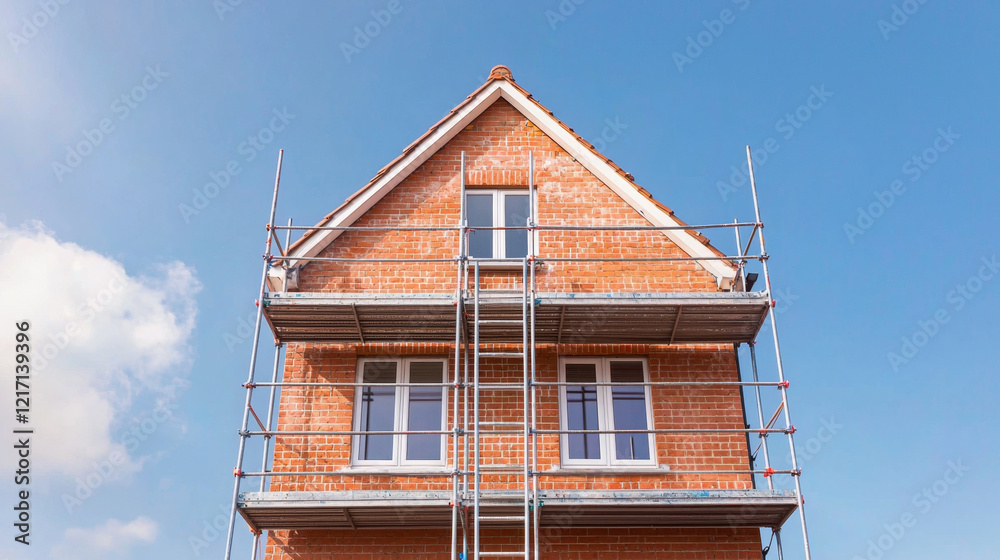House scaffolding reconstruction concept. house with scaffolding showcasing new roof installation under clear sky House scaffolding reconstruction concept. house with scaffolding showcasing new roof installation under clear sky