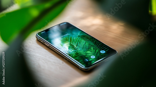 Smartphone with tropical leaves wallpaper on a wooden surface photo