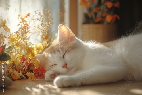 A cat sleeping soundly in a sunny spot on the floor, its body stretched out lazily, perfectly embodying tired comfort photo