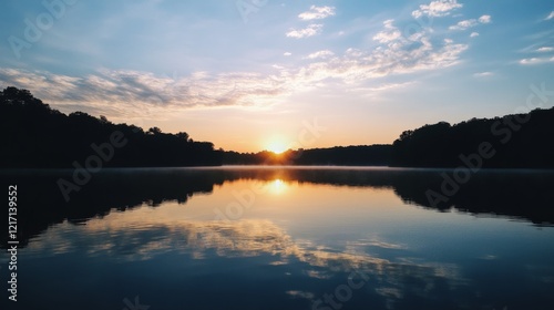 Serene sunset over a tranquil lake reflecting the sky and trees, evoking peace and nature
