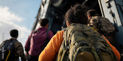 People Disembarking Vehicle with Backpacks