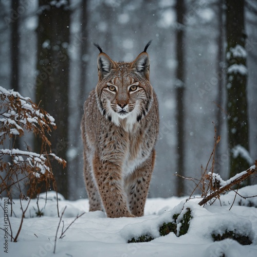 A lynx prowling silently in a snowy forest. photo