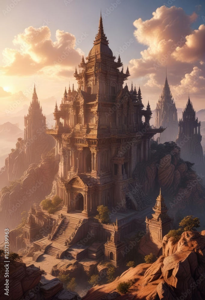 Naklejka premium Grandiose temple perched atop a wispy cloud base, its tiered spires and facades radiating warm light as the sun dips below the horizon, floating temple, sacred spot