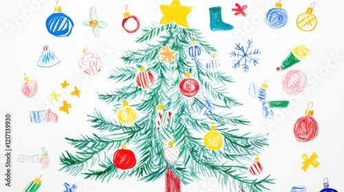 Christmas tree drawing with children’s ornaments and bright colors. Emphasizing holiday creativity and childlike joy. Ideal for festive crafts and greeting cards. Tree with child-made ornaments.
