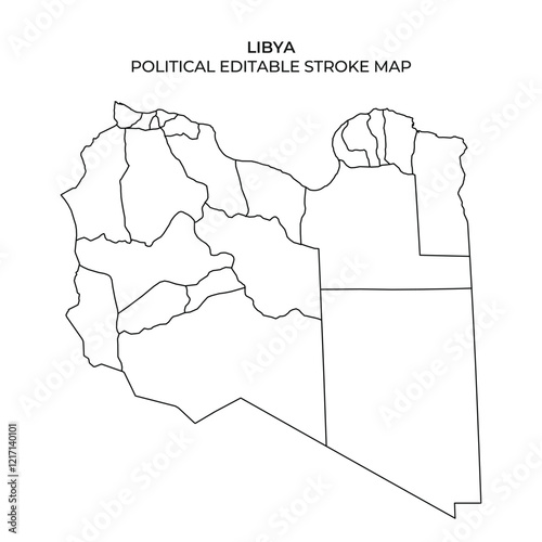 This detailed political map highlights the regions and administrative boundaries of Libya. It features an editable stroke design suitable for various uses.
