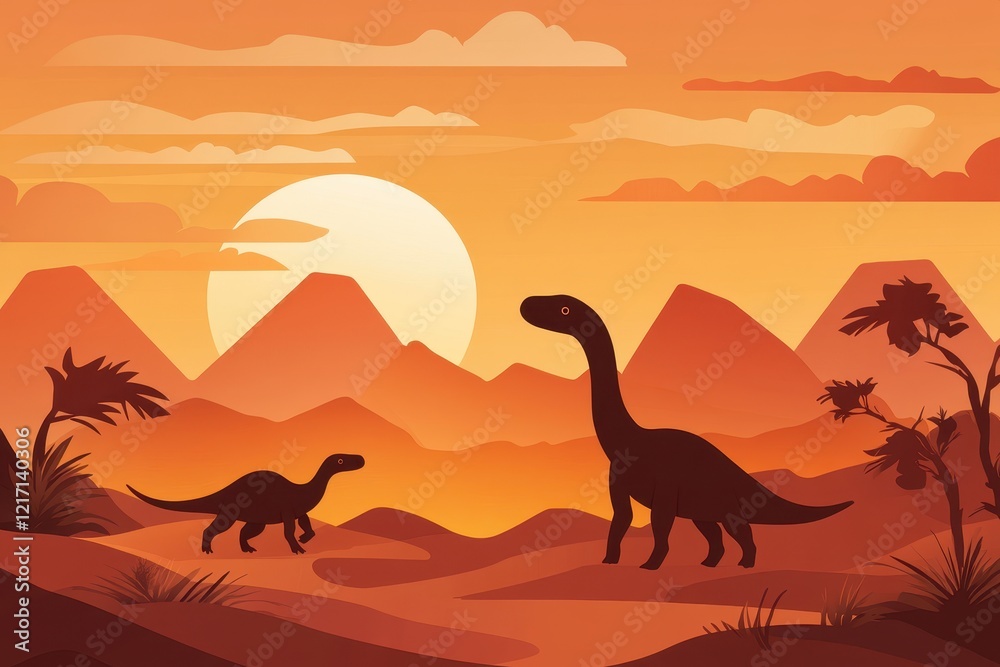 Fototapeta premium Serene Dinosaur Scene in a Vibrant Sunset Landscape Featuring Two Majestic Creatures Against a Backdrop of Mountains and Lush Vegetation