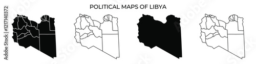 Multiple political maps present the regions of Libya in various styles. The maps highlight geographic boundaries and significant areas, providing valuable insight into the countrys divisions.