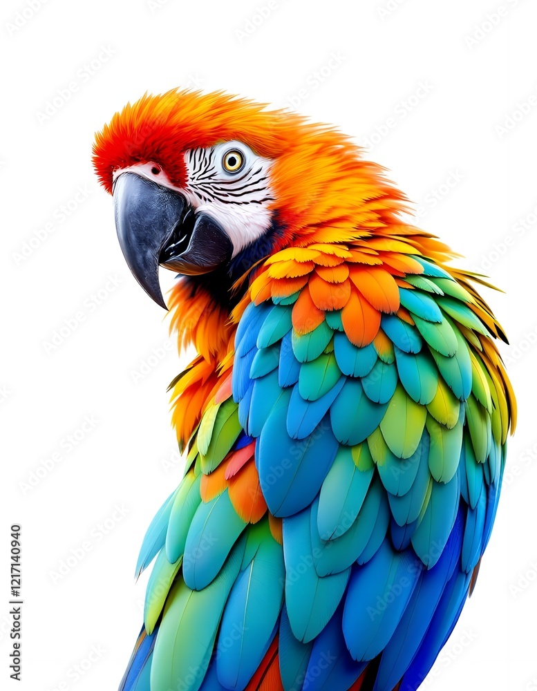 Fototapeta premium Vibrant Scarlet Macaw Portrait Against White Background A Stunning Closeup of a Tropical Bird