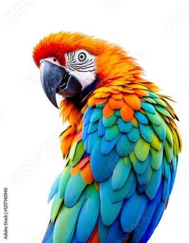 Vibrant Scarlet Macaw Portrait Against White Background A Stunning Closeup of a Tropical Bird photo