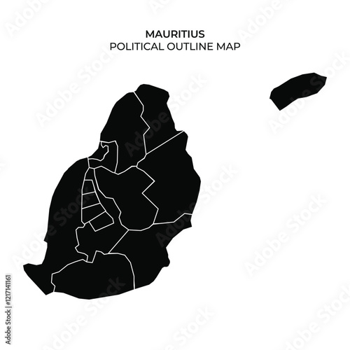 This illustration displays a detailed political outline map of Mauritius, showcasing its distinct regions and administrative boundaries in a minimalist black design.