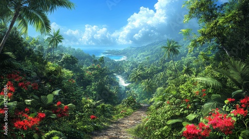 Lush Tropical Valley Vista Overlooking a Verdant Landscape from a High Vantage Point