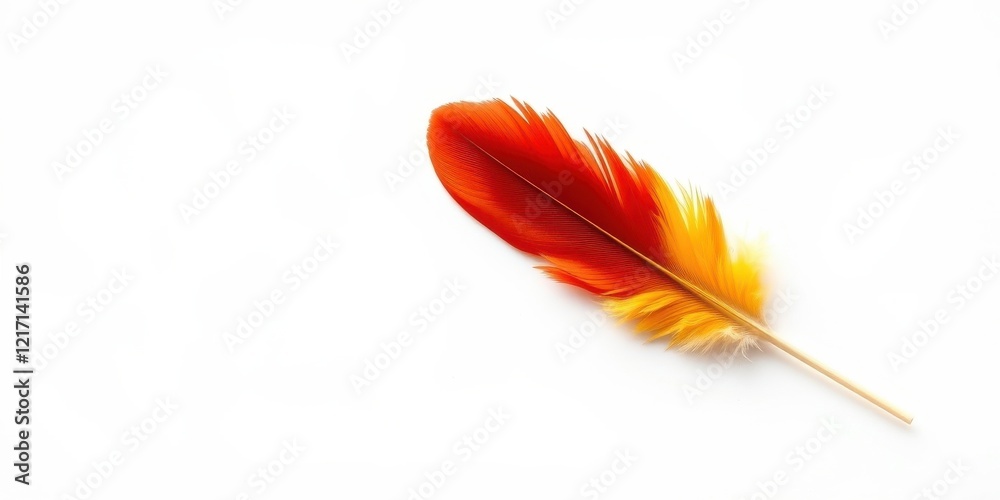 Single vibrant red and gold feather on white background Single vibrant red and gold feather on white background