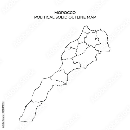 A detailed political outline map of Morocco displays the countrys regions and administrative boundaries. The clear lines help visualize the geographic divisions within Morocco.